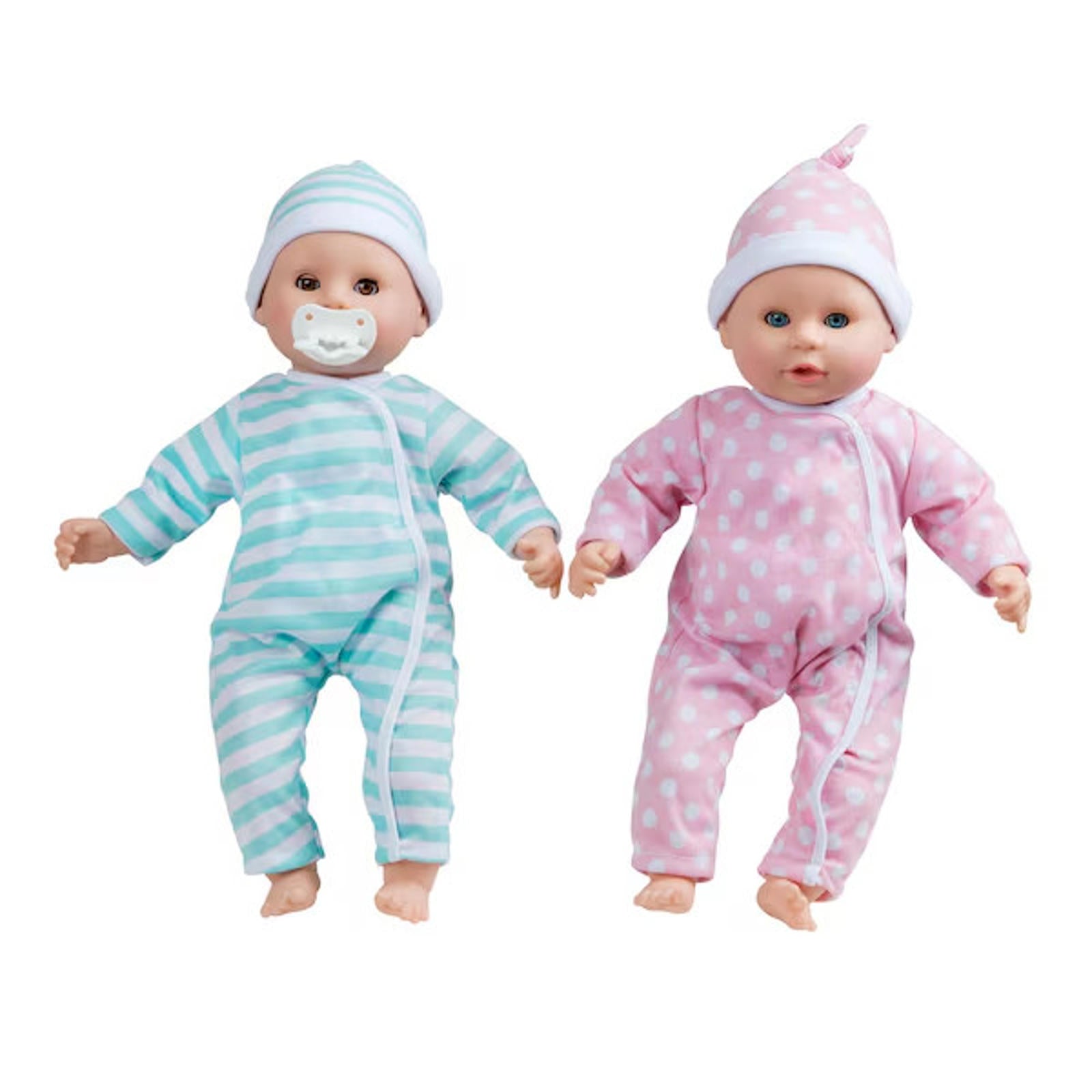 Doll Set with Blue and Pink Pajamas featuring a pacifier and cute hats.