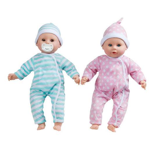 Doll Set with Blue and Pink Pajamas featuring a pacifier and cute hats.