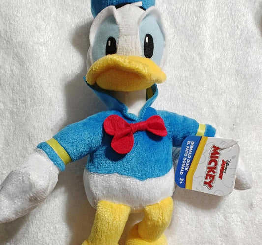 Donald Duck plush toy featuring blue outfit and red bow tie.