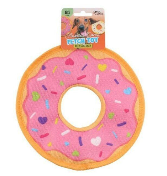 Donut fetch toy featuring a pink design with colorful sprinkles, perfect for dogs.