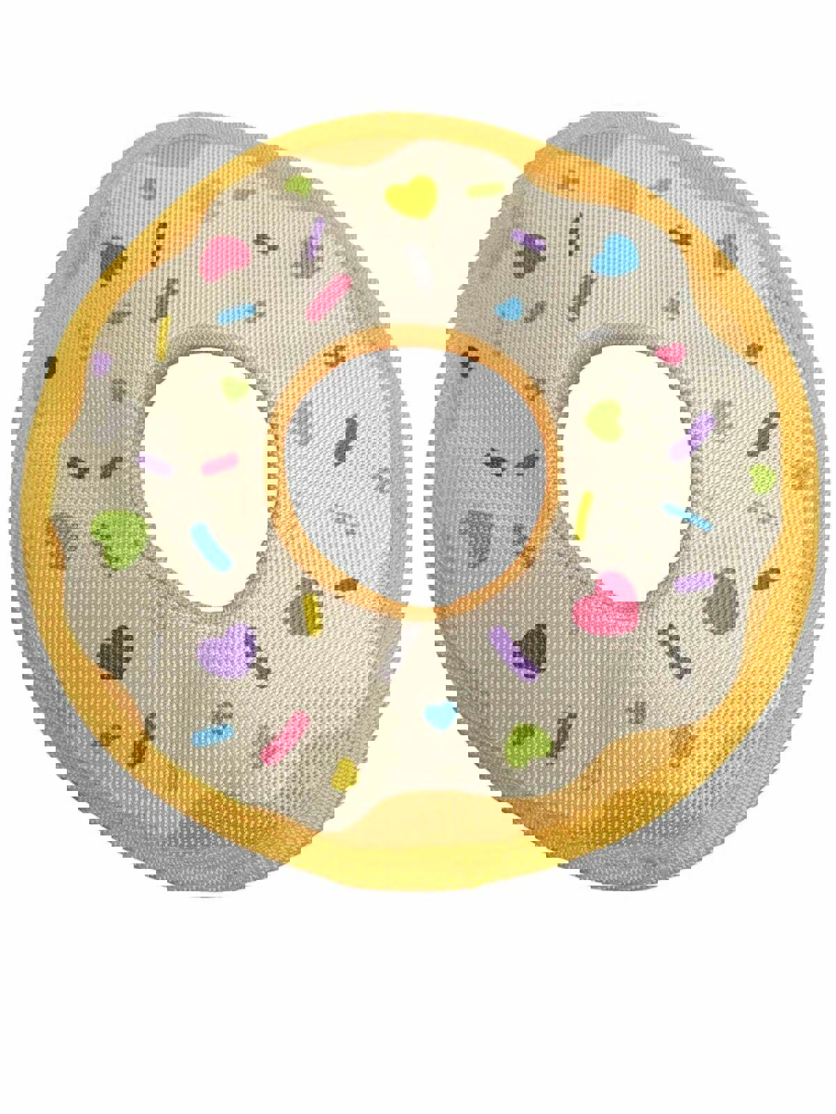Donut-shaped pet collar with colorful sprinkles and a yellow trim.