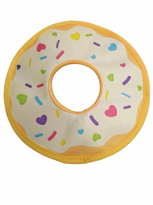 Donut-shaped pet collar with colorful sprinkles and a yellow trim.