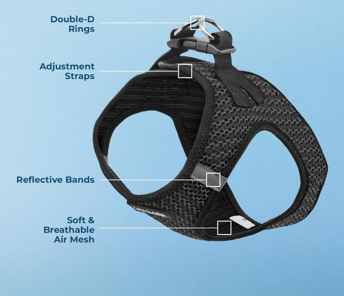 Double-D Dog Harness features adjustment straps, reflective bands, and soft breathable air mesh.