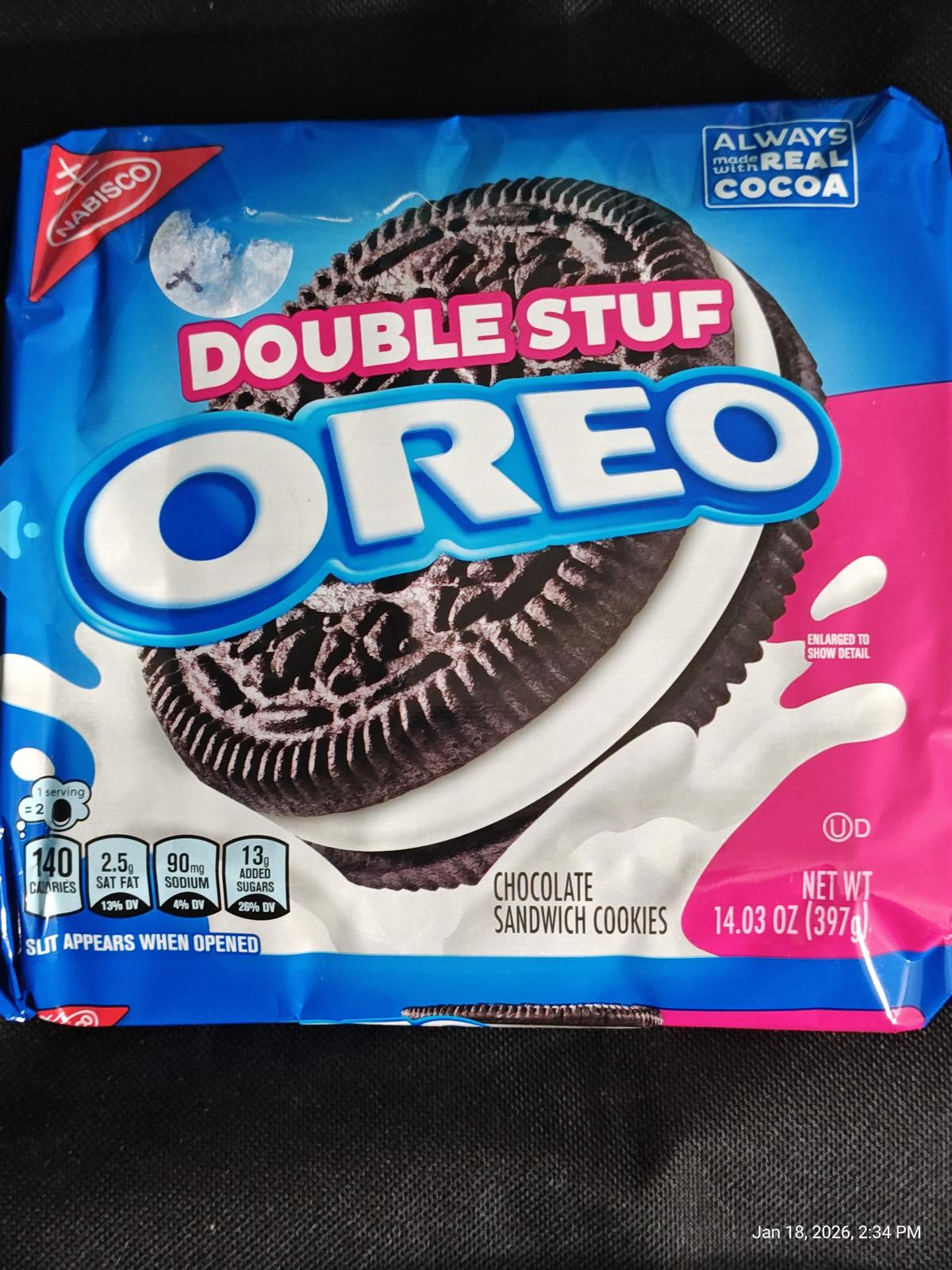 Double Stuf Oreo cookies package featuring chocolate sandwich cookies with creamy filling.