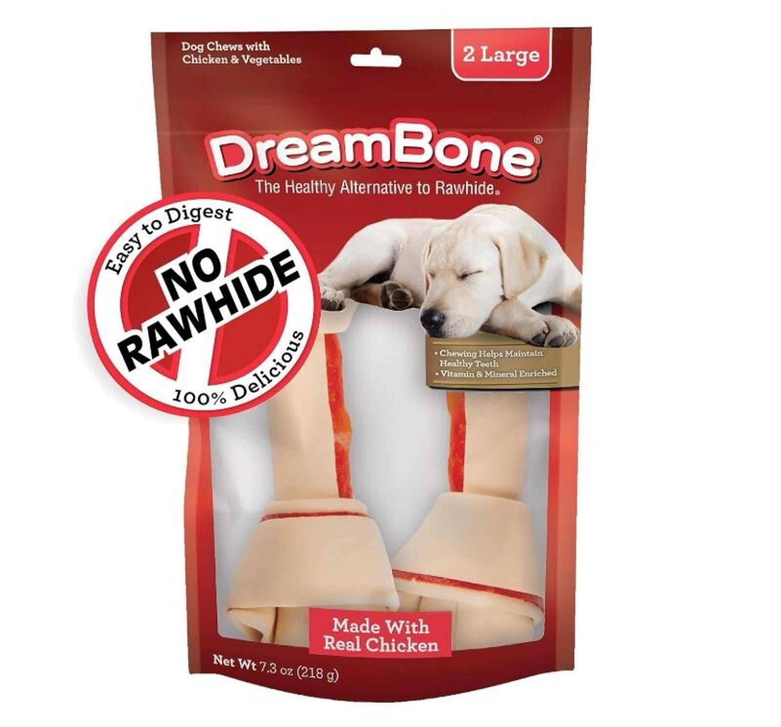 DreamBone dog chews with real chicken and vegetables, easy to digest and no rawhide.