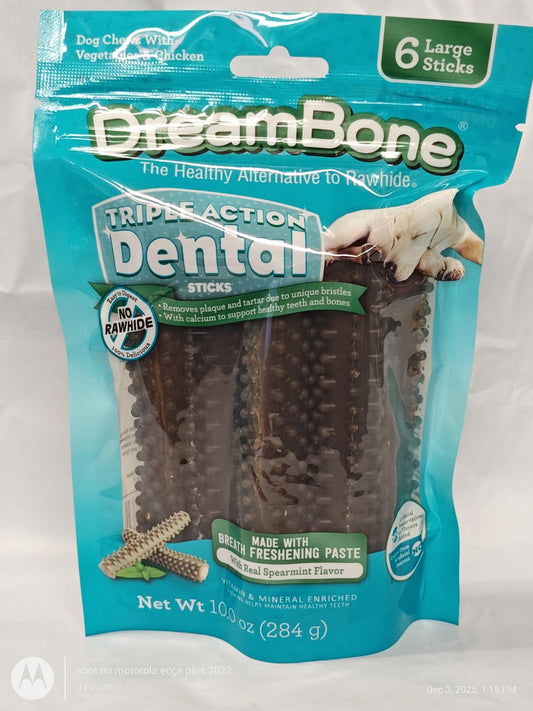 DreamBone Triple Action Dental Sticks for dogs, featuring a green packaging and six large sticks.