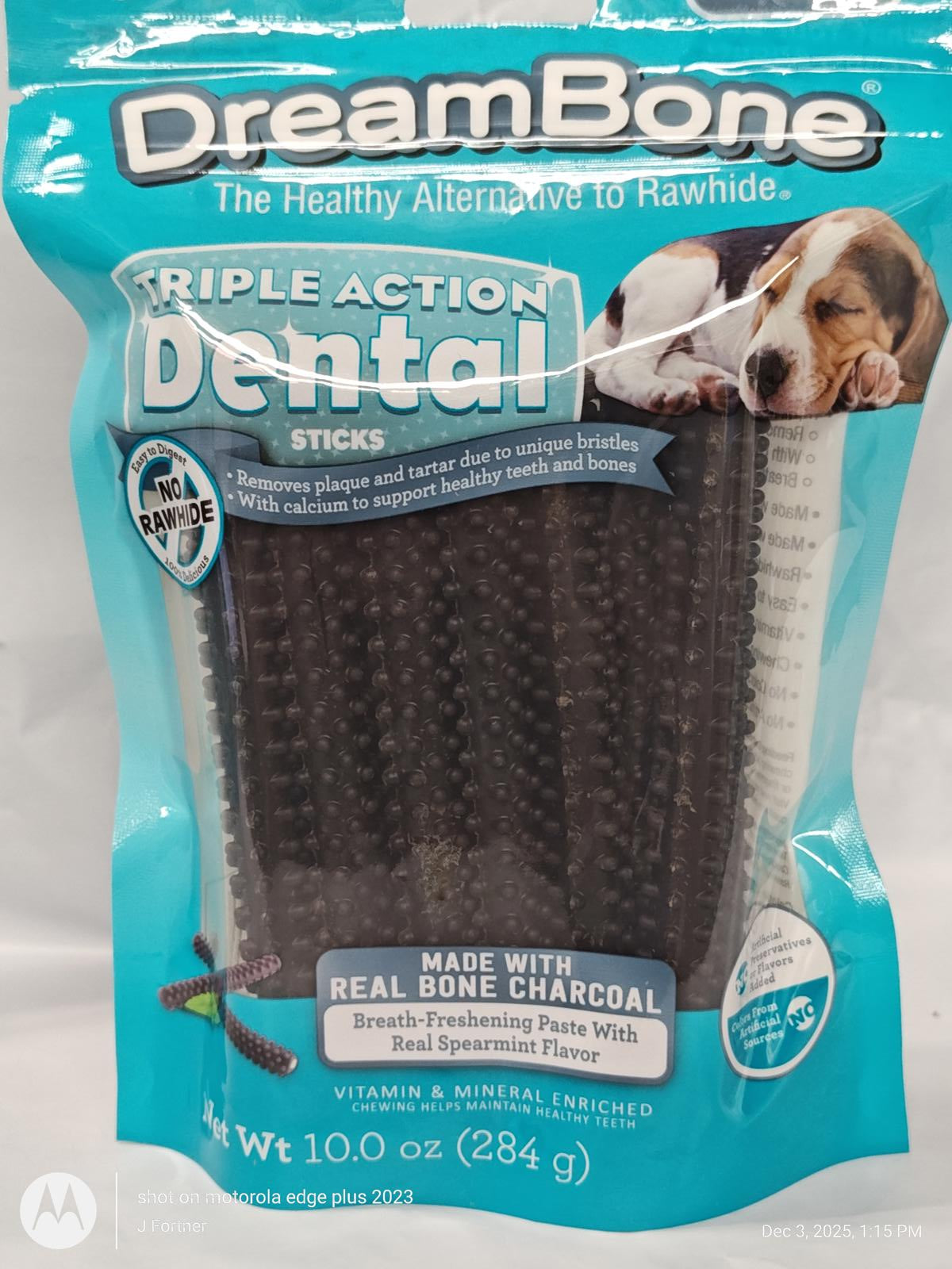 DreamBone Triple Action Dental Sticks with real bone charcoal for dental health.