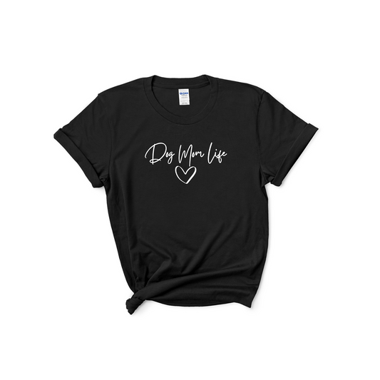 Dry Mom Life black t-shirt featuring a stylish heart design.