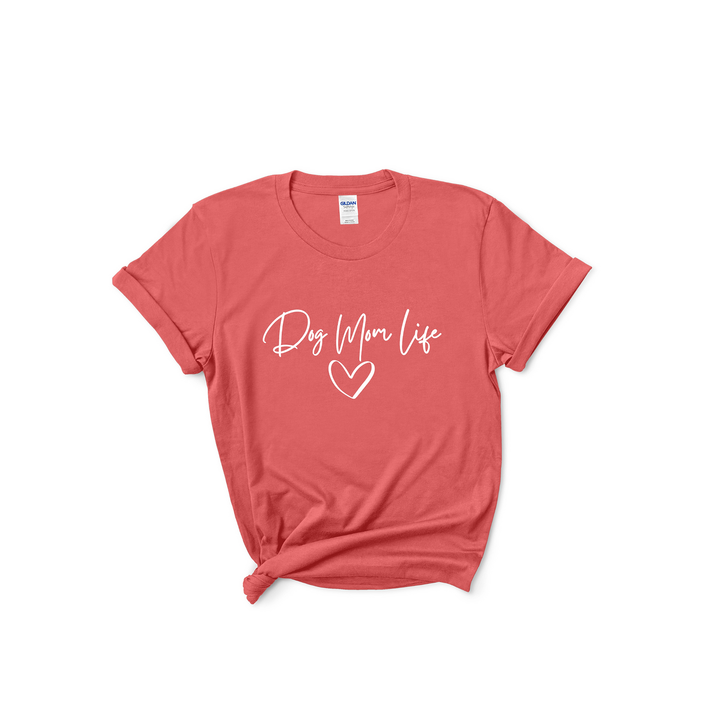 Dry Mom Life coral t-shirt featuring a heart design in white.