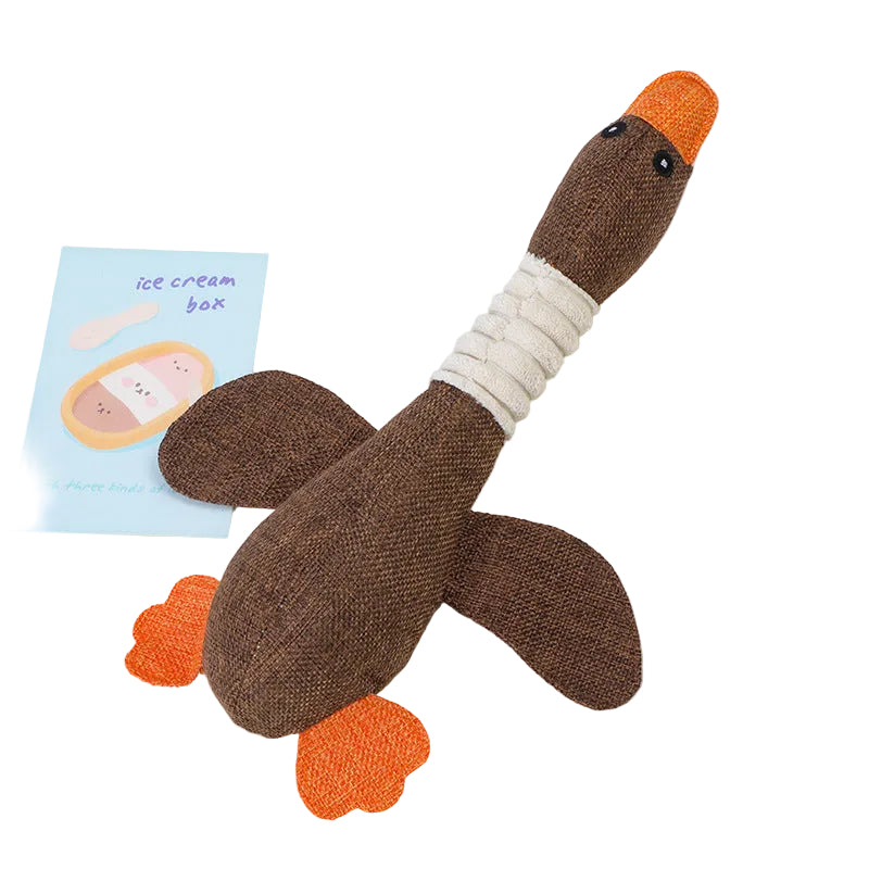 Duck plush toy with orange beak and feet, perfect for playful pets.