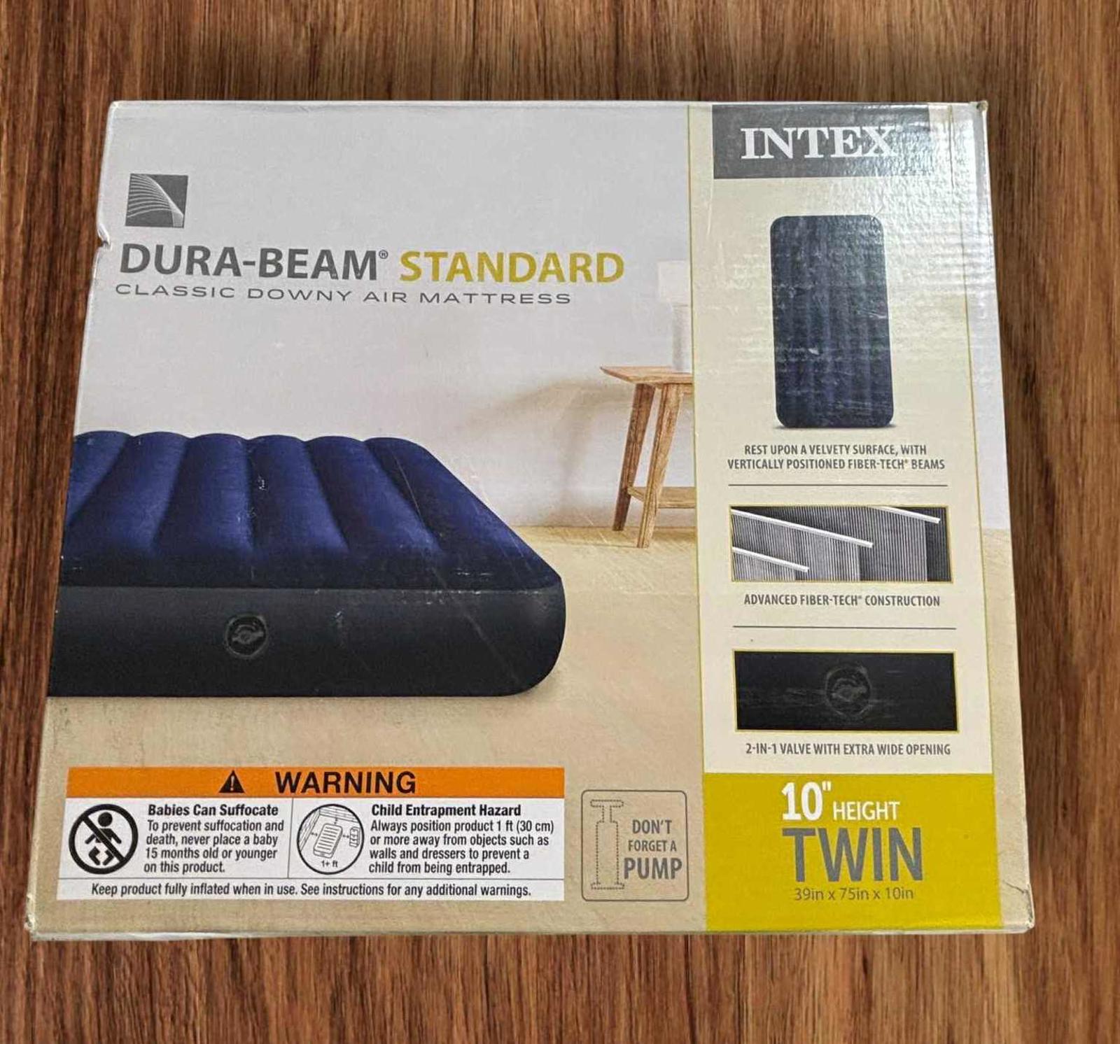 Dura-Beam Standard twin air mattress with a classic downy surface and built-in pump.