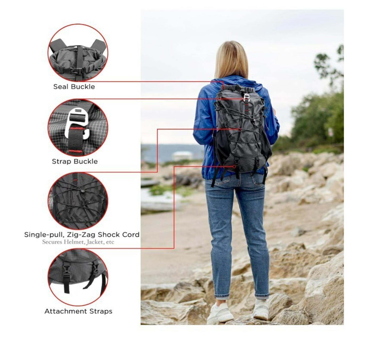 Durable Black Backpack featuring seal buckle, strap buckle, and attachment straps.