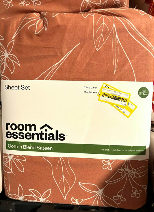 100% cotton  Sheet Set, Size TWIN XL, 4pcs, Bronze/WHITE FLOWERS