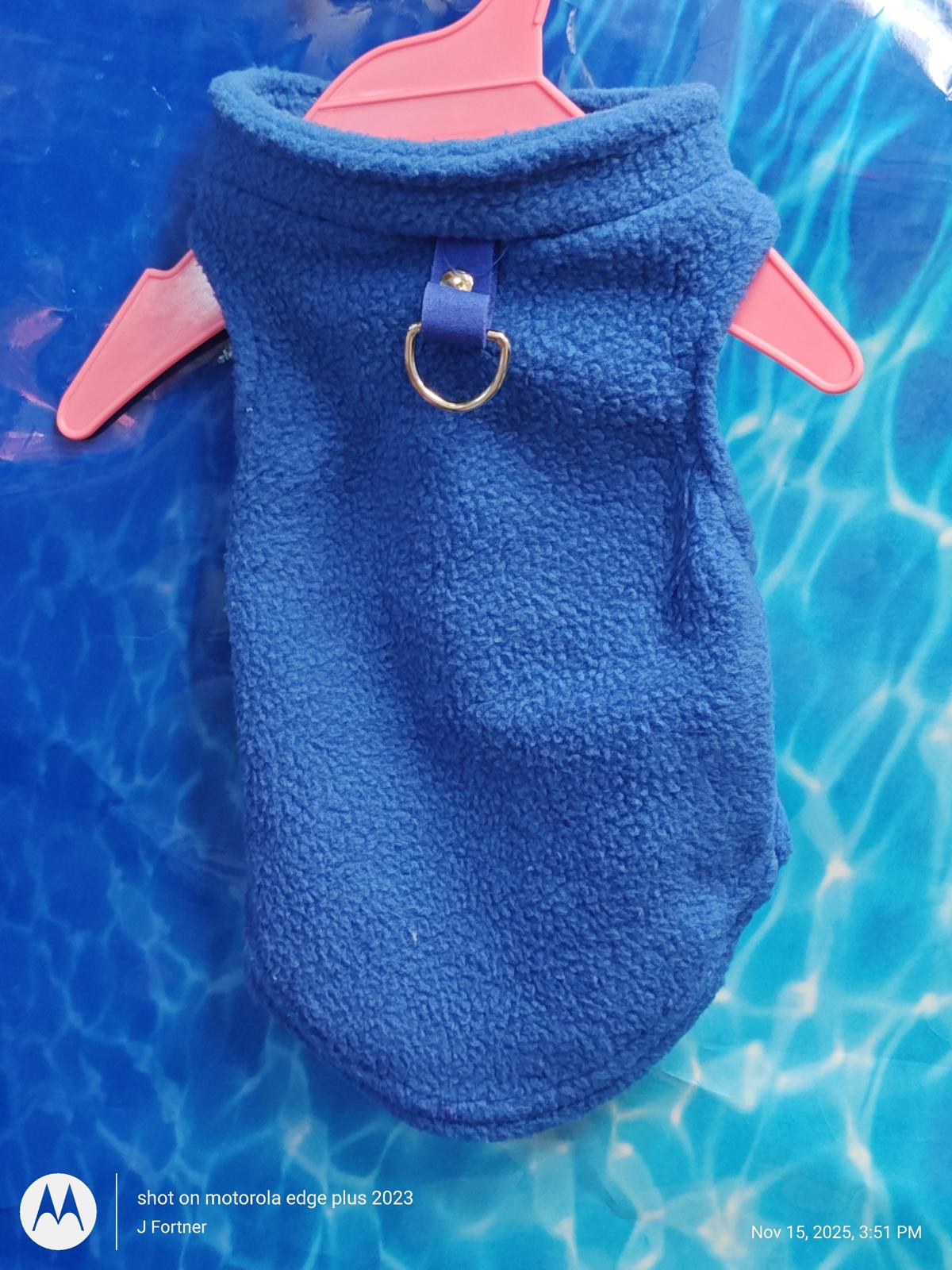 Blue Dog Fleece Jacket with collar and D-ring for leash attachment.
