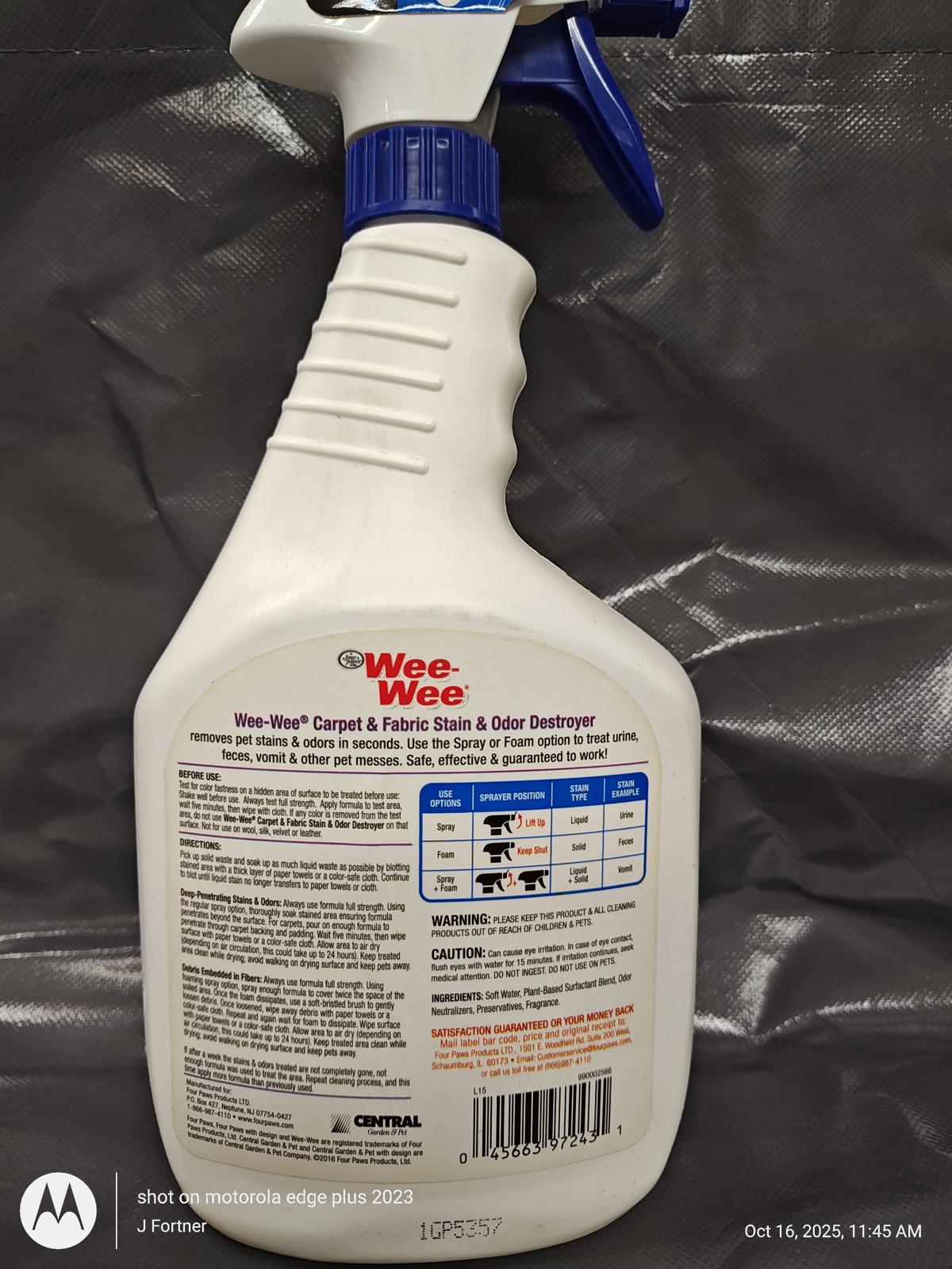 Wee-Wee Carpet & Fabric Stain & Odor Destroyer spray bottle with detailed label.