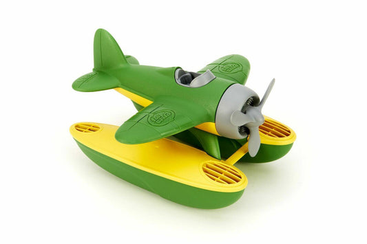 Green Toy Airplane with Yellow Floats, perfect for imaginative play.