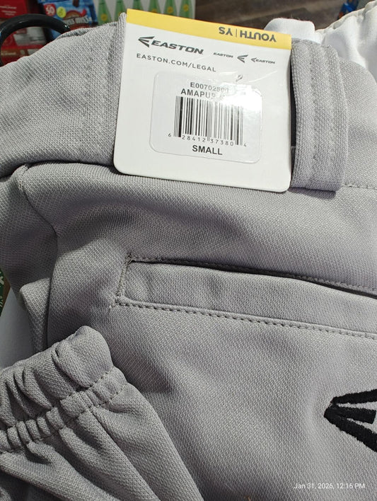 Easton baseball pants in gray color with elastic waistband and small size tag.