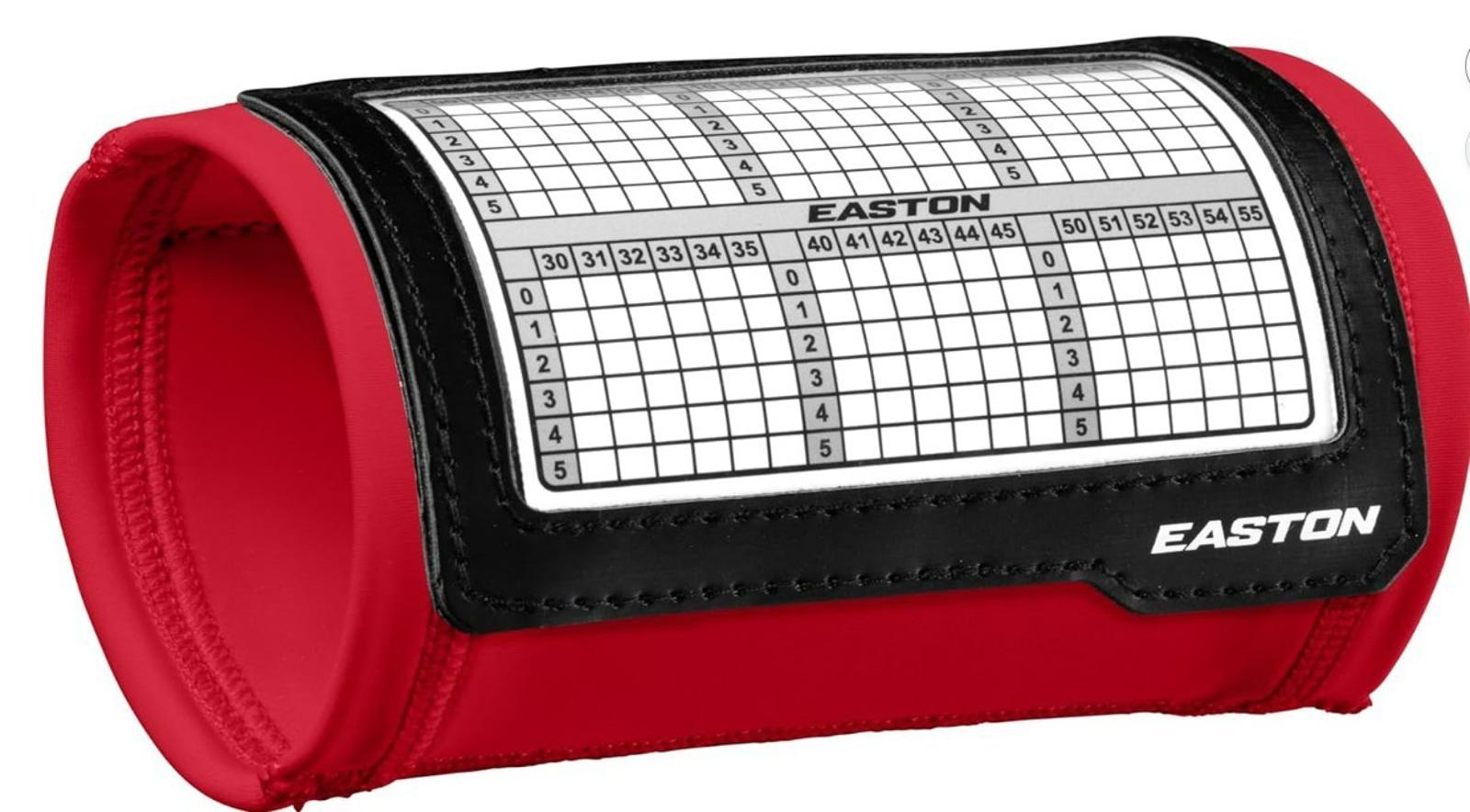 Easton red batting glove with scorecard holder and black accents.