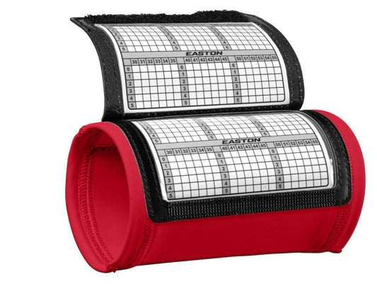 Easton scorebook featuring a red cover and grid layout for tracking game scores.