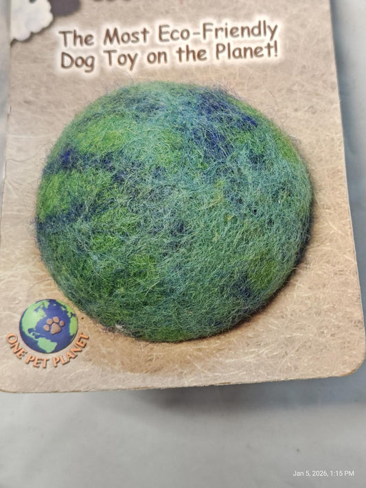 Eco-Friendly Dog Toy featuring a round, colorful design in green and blue hues.