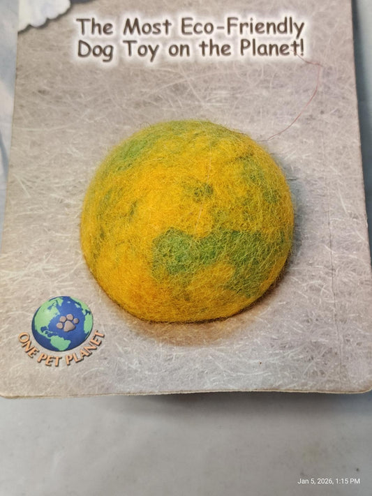 Eco-Friendly Dog Toy features a vibrant yellow and green design resembling the Earth.