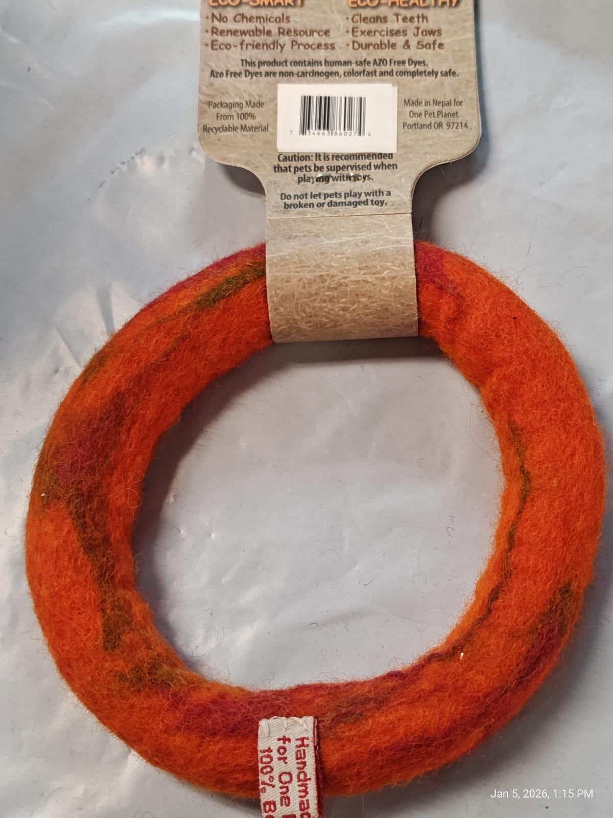 Eco-Friendly Orange Felt Dog Toy Ring, durable and safe for pets.