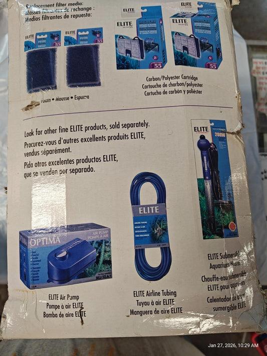 ELITE Air Pump with blue design and packaging, ideal for aquarium use.