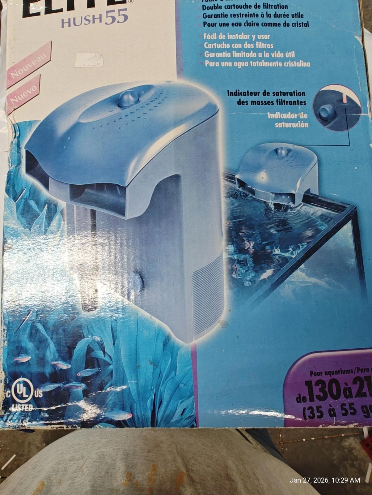 Elite Hush 55 aquarium filter with blue design and water indicator features.