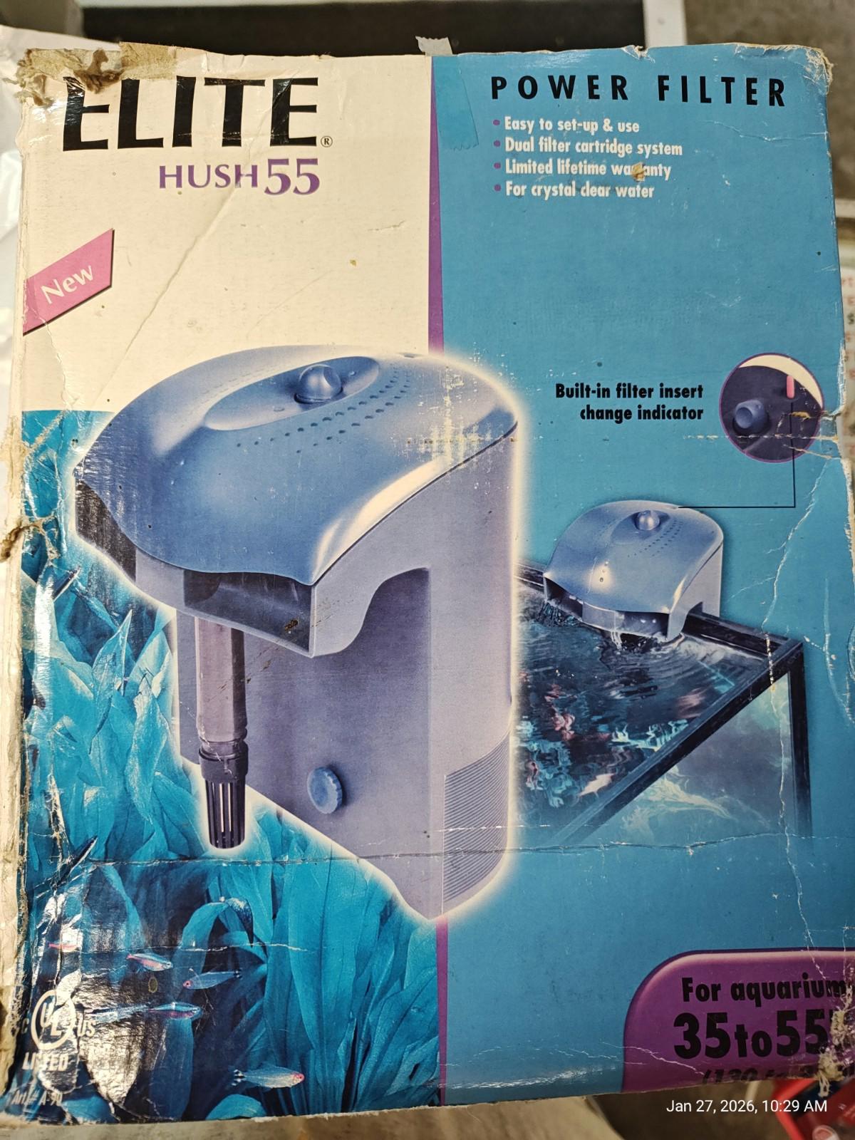 Elite Hush 55 power filter designed for aquariums between 35 to 55 gallons, featuring a sleek design.