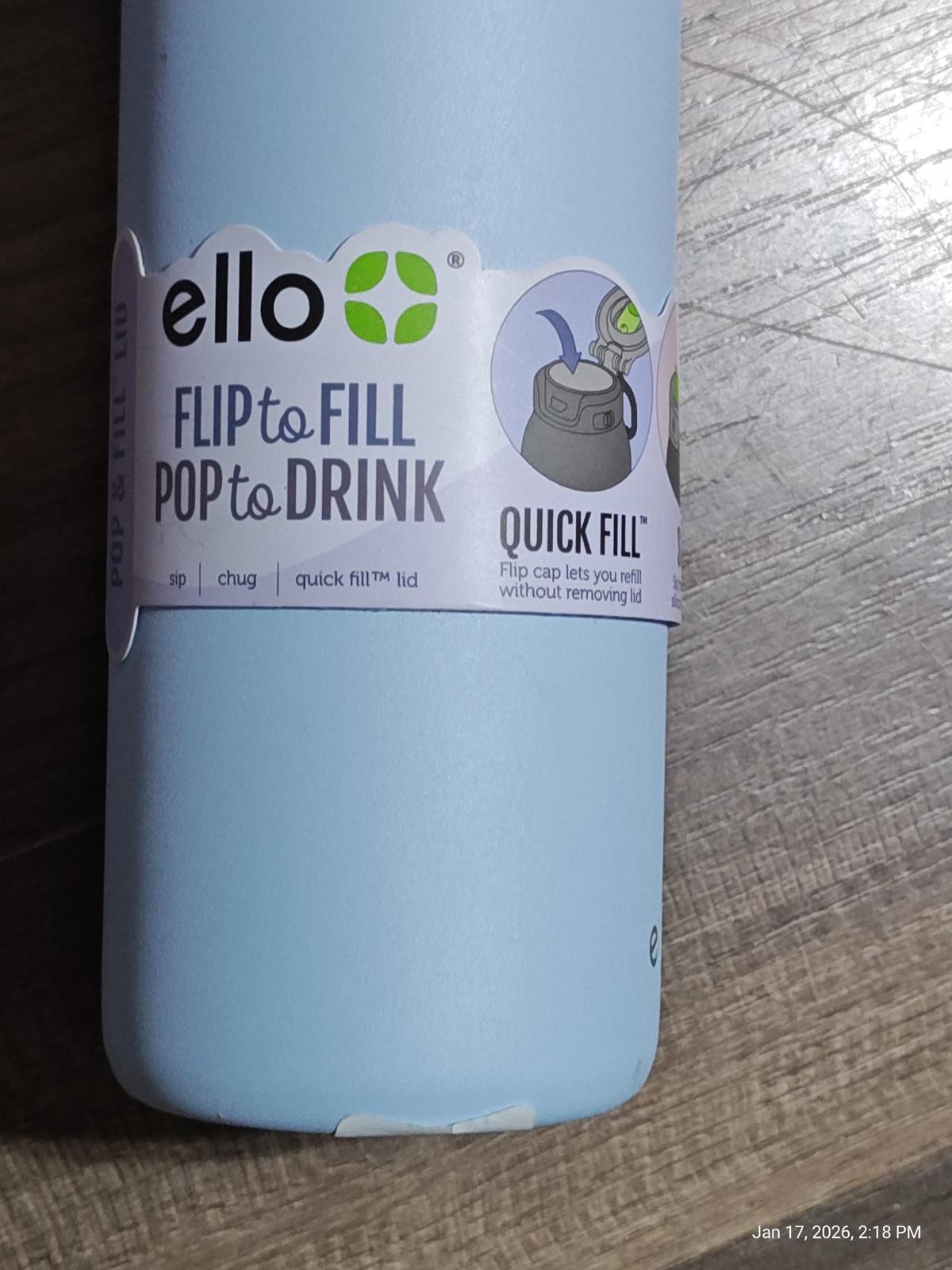 Ello Flip to Fill Pop to Drink water bottle in light blue with Quick Fill feature.