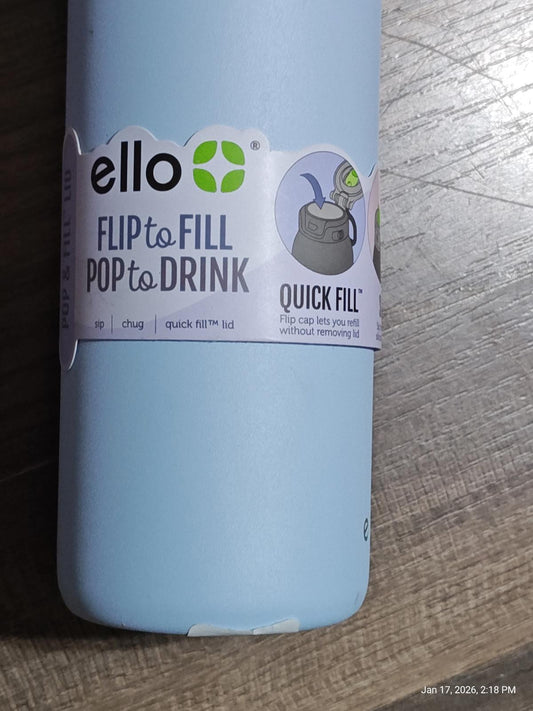 Ello Flip to Fill Pop to Drink water bottle in light blue with Quick Fill feature.
