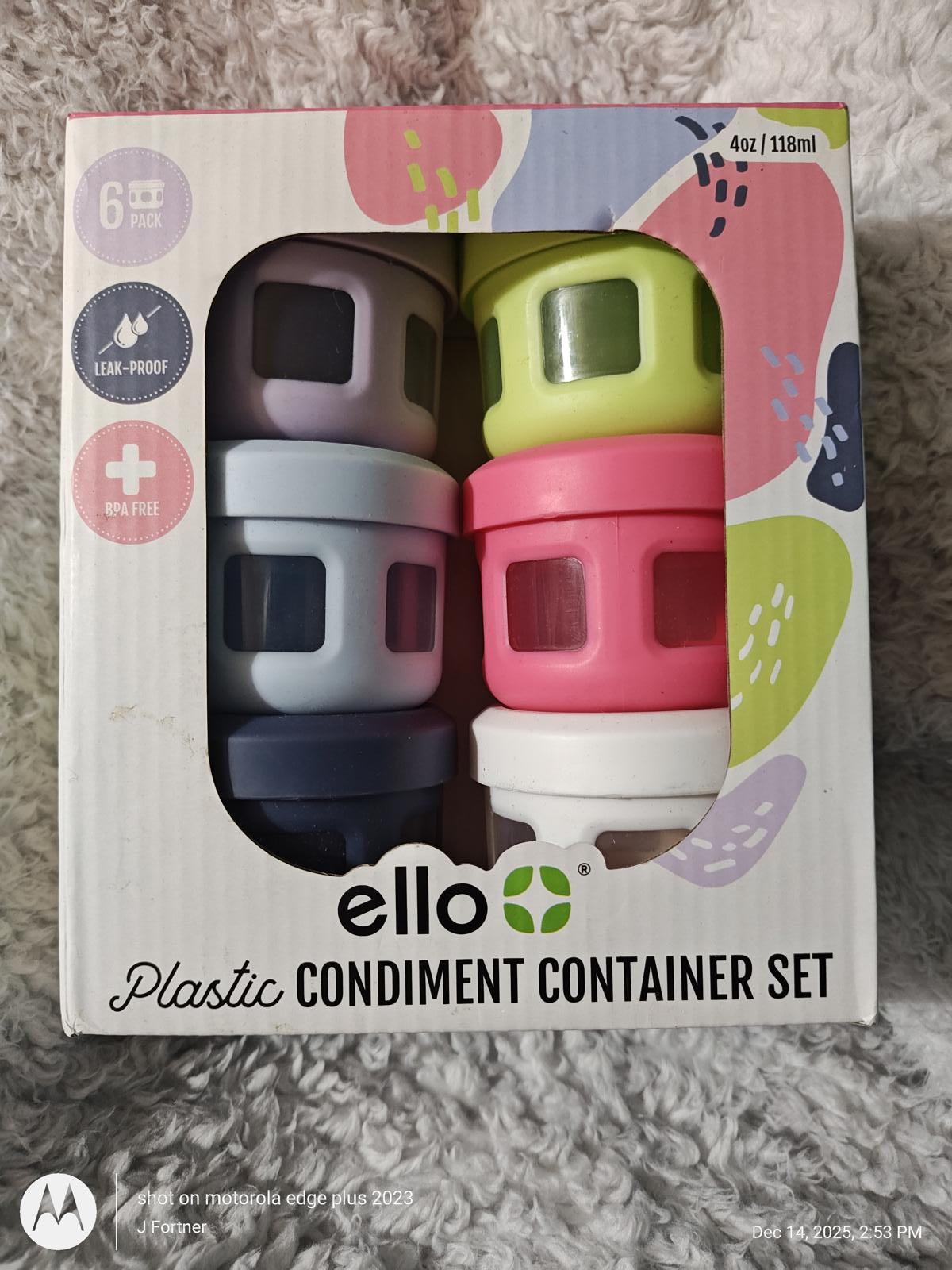Ello plastic condiment container set featuring six colorful containers in a box.