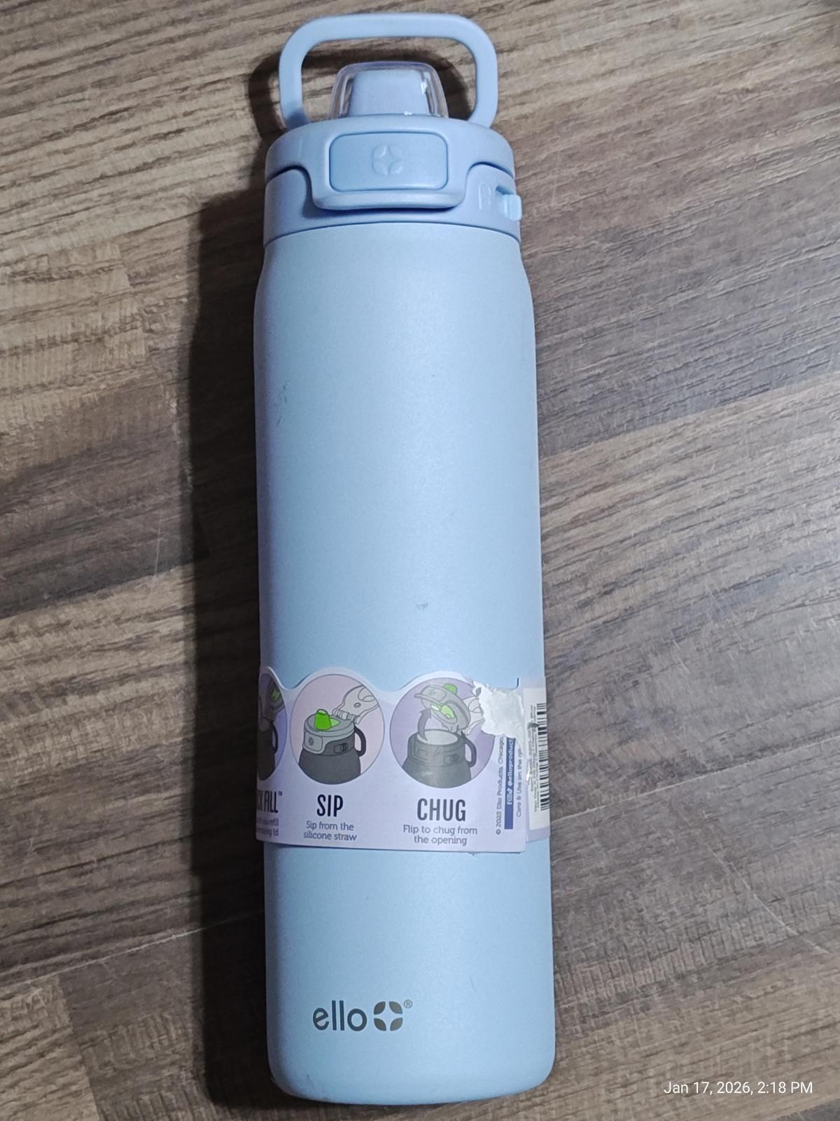 Ello water bottle in light blue color with sip and chug features.