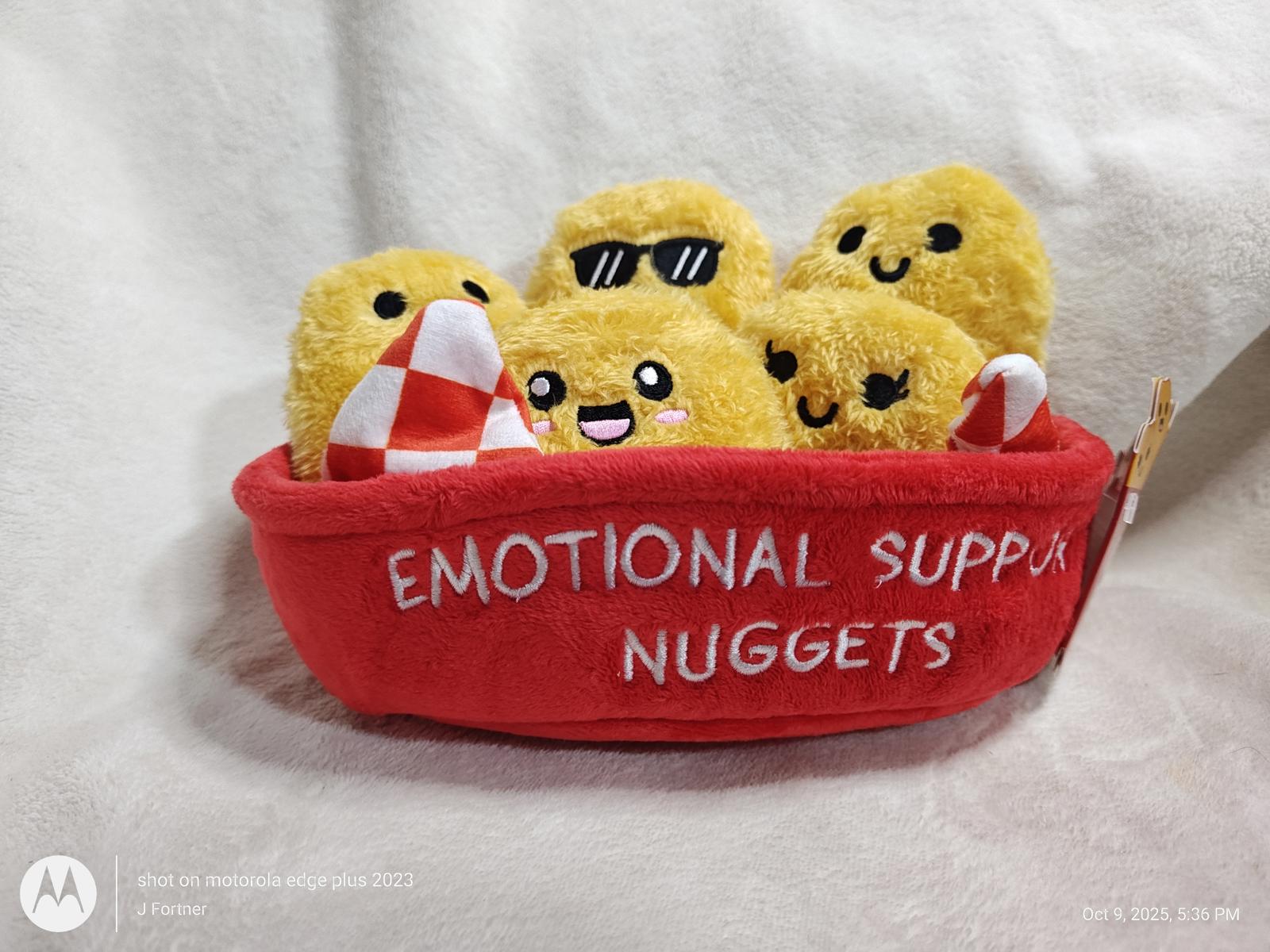 Emotional Support Nuggets plush toys in a red basket, featuring happy expressions and sunglasses.