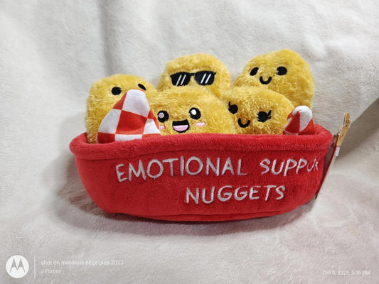 Emotional Support Nuggets plush toys in a red basket, featuring happy expressions and sunglasses.