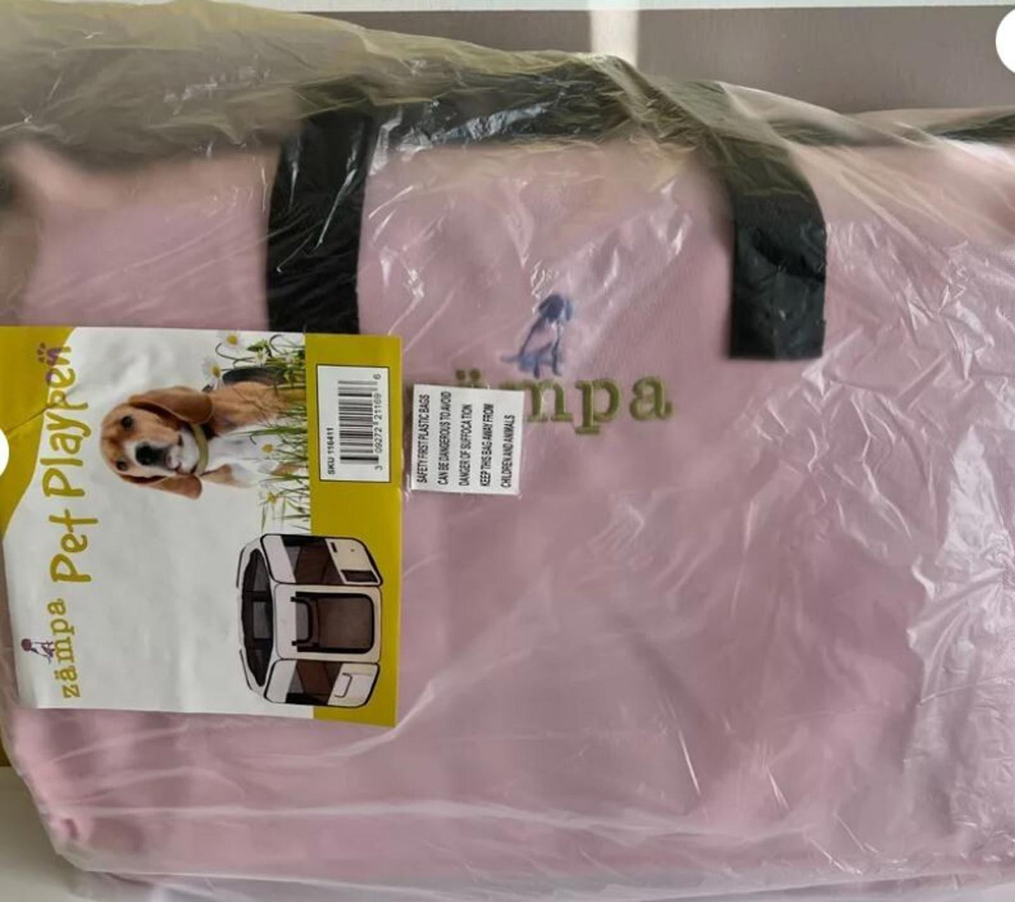 Pet Playpen in pink color with a dog graphic and logo visible on the front.