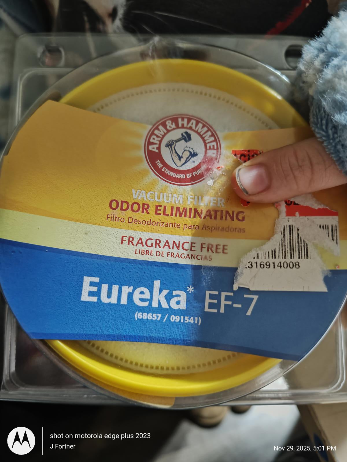 Eureka EF-7 vacuum filter by Arm & Hammer, designed for odor elimination and fragrance-free use.