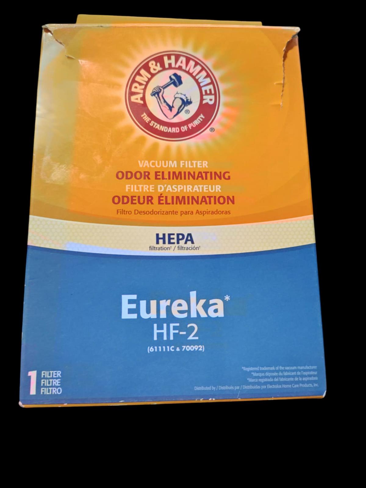 Eureka HF-2 vacuum filter by Arm & Hammer, designed for odor elimination and HEPA filtration.
