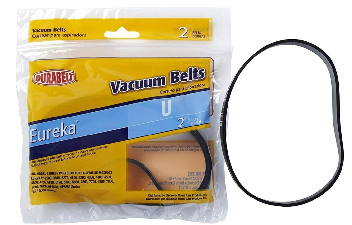 Eureka vacuum belts in a clear package, designed for efficient cleaning.