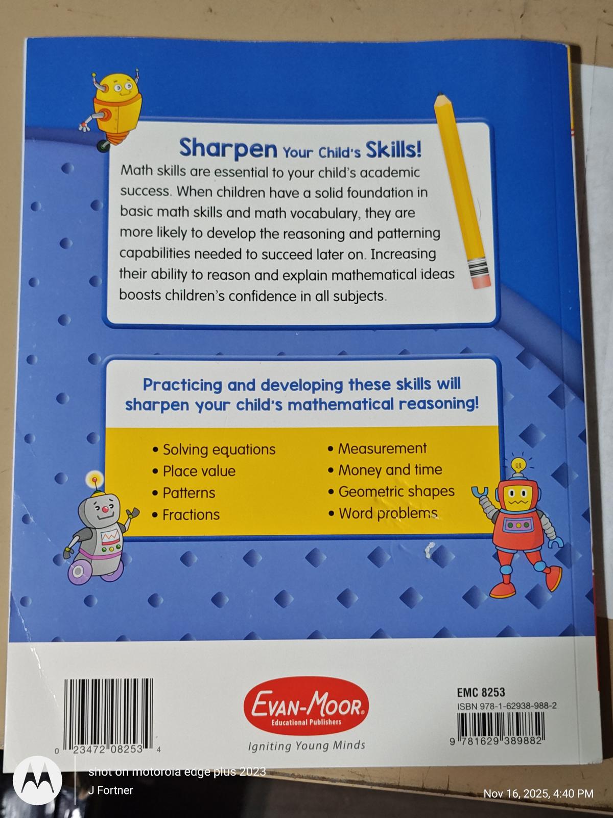 Evan-Moor Sharpen Your Child's Skills workbook cover featuring colorful robots and educational themes.
