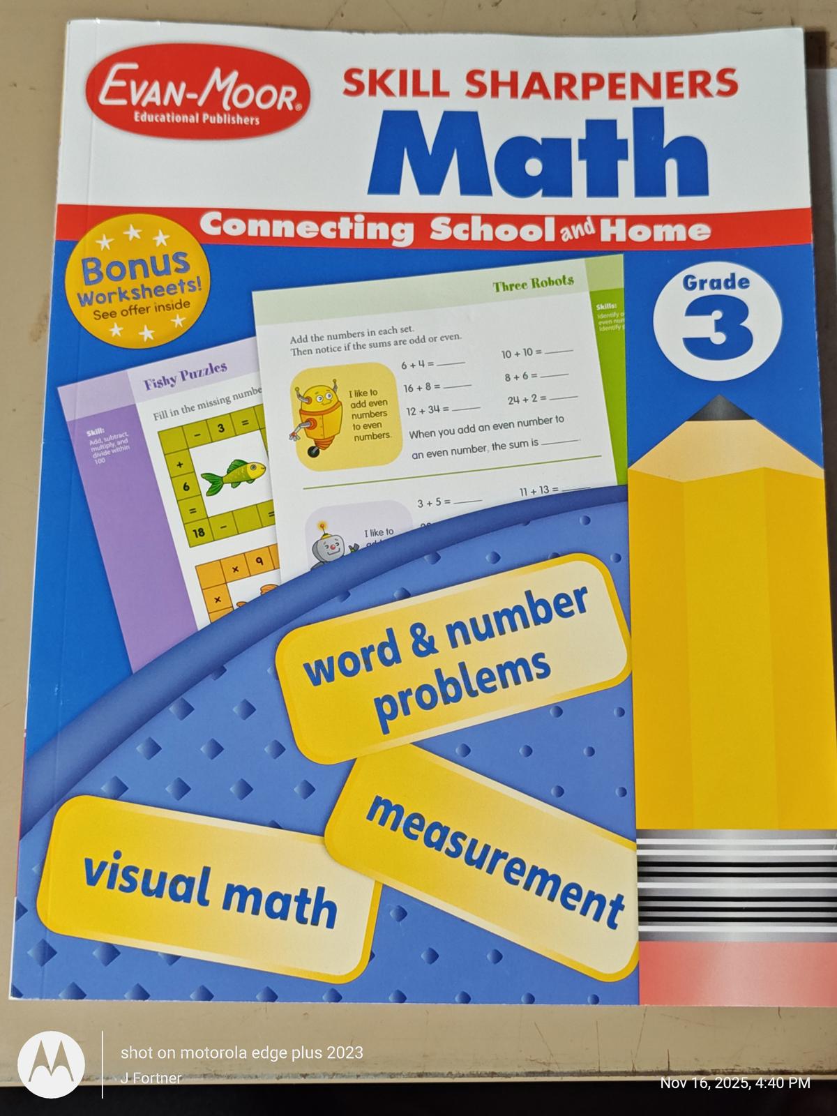 Evan-Moor Skill Sharpeners Math workbook for Grade 3 featuring word and number problems.