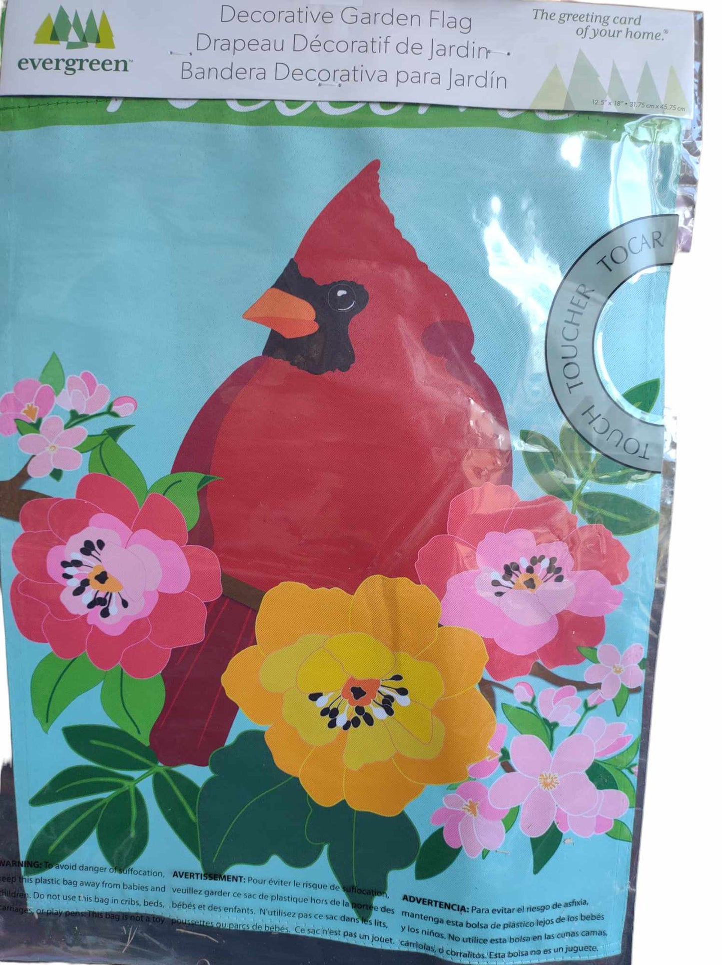Evergreen decorative garden flag featuring a cardinal and colorful flowers.