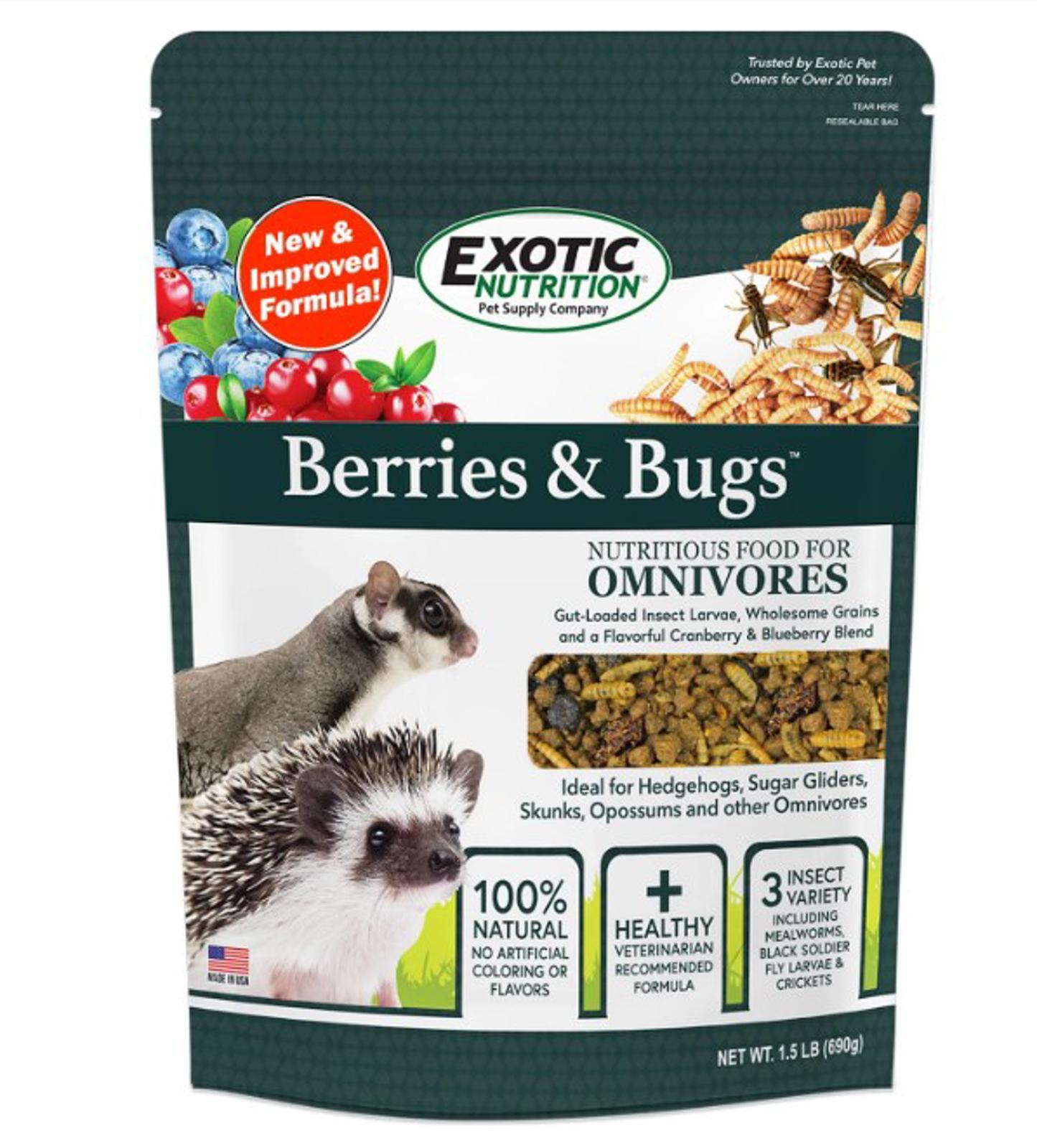 Exotic Nutrition Berries & Bugs nutritious food for omnivores, featuring hedgehogs and insects.