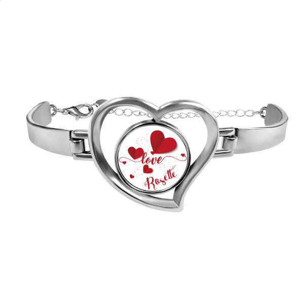 Personalized Name Heart Bangle Bracelet | Custom Name Love Charm in Open Heart | Silver