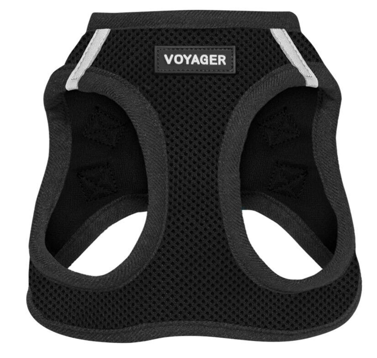Voyager dog harness in black mesh with reflective trim for comfort and safety.