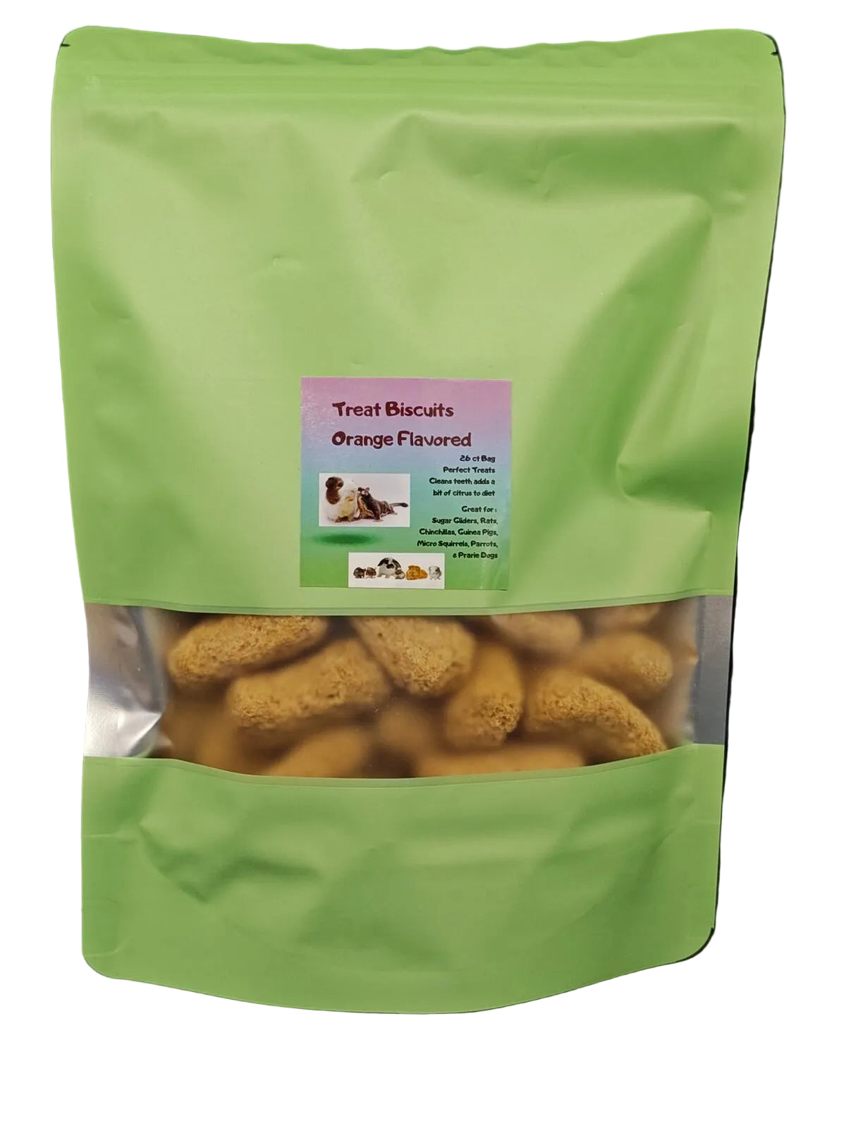Green package of orange-flavored dog treats on a black background