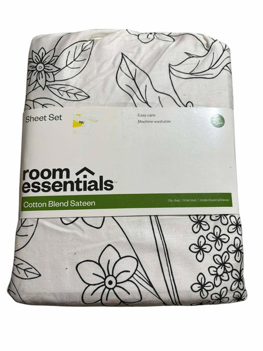 100% cotton  Sheet Set, Size TWIN XL, 4pcs, BLACK/WHITE FLOWERS