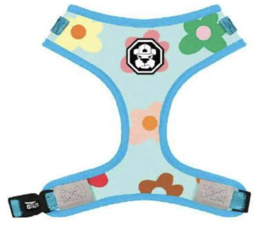 Flower Pattern Dog Harness featuring a light blue background with colorful floral designs.