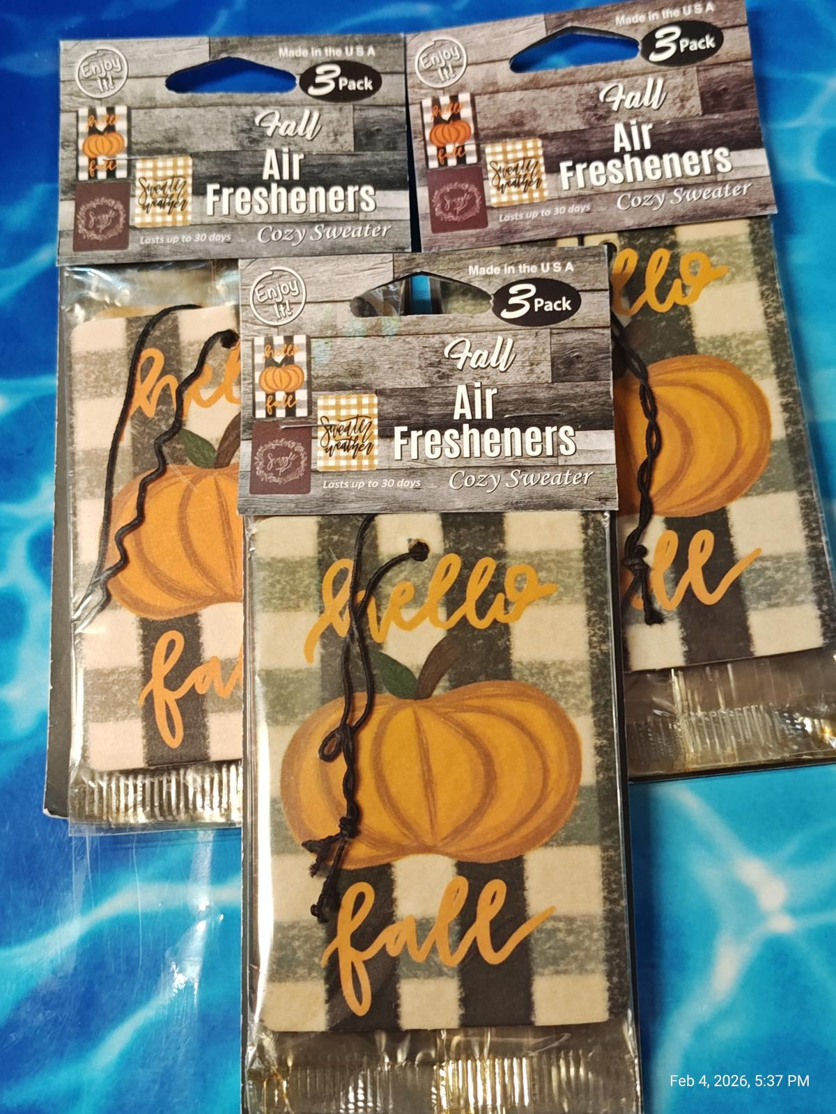 Fall Air Fresheners featuring pumpkin design and 'Hello Fall' text in a 3-pack.