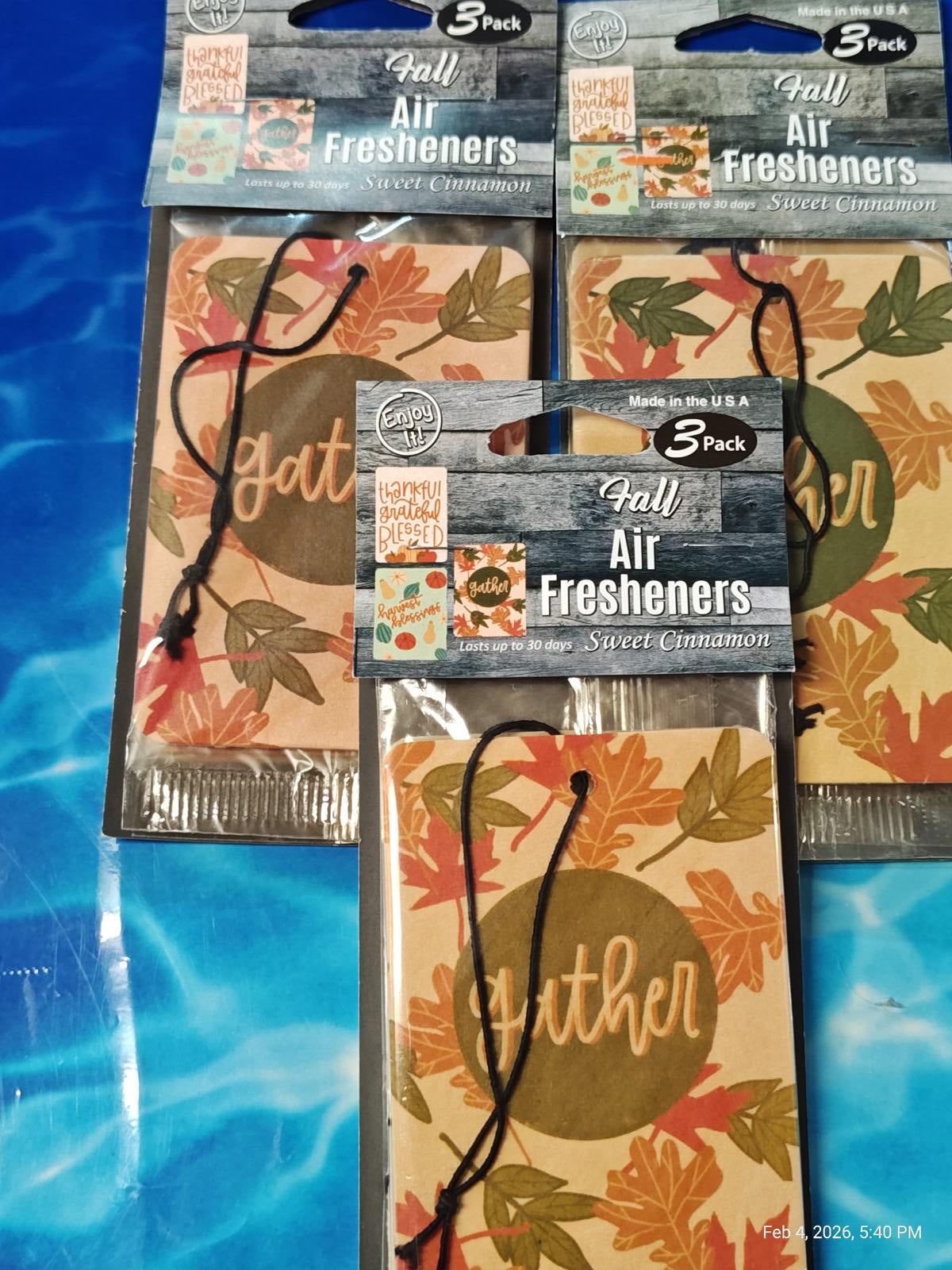 Fall Air Fresheners pack featuring autumn leaves and 'Gather' design for seasonal fragrance.